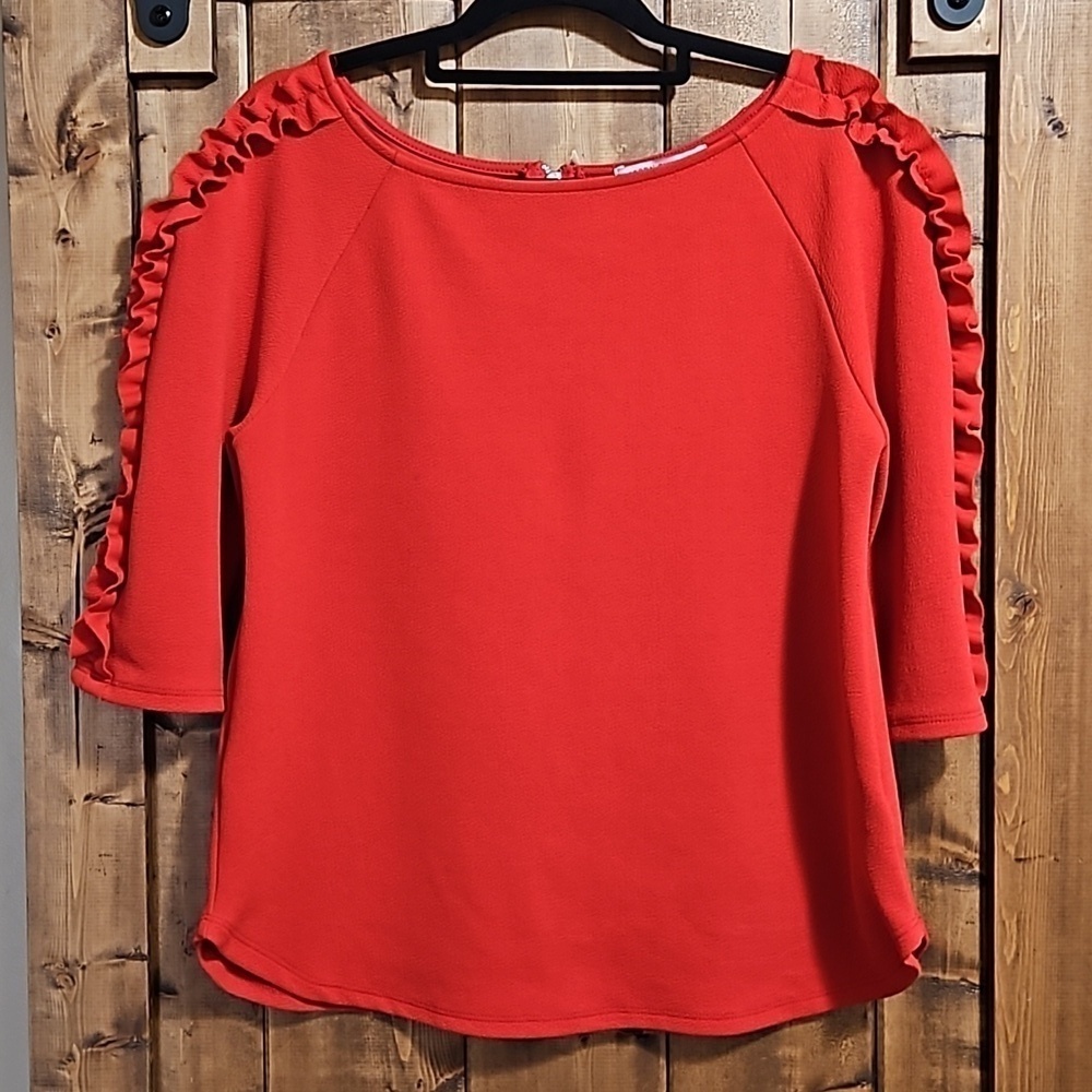 Green Envelope Red Statement Sleeve Frills Stretch Top Size Small